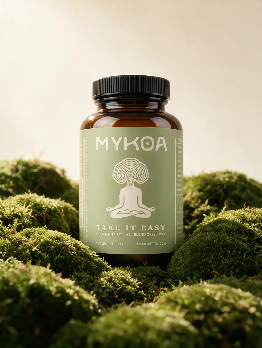 MYKOA Take It Easy, blend grzybów funkcjonalnych, słoik na leśnym mchu